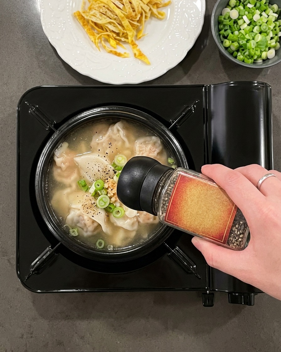 Eine Pfeffermühle mahlt frischen schwarzen Pfeffer über eine kochende, klare Rindersuppe in einem Steintopf.