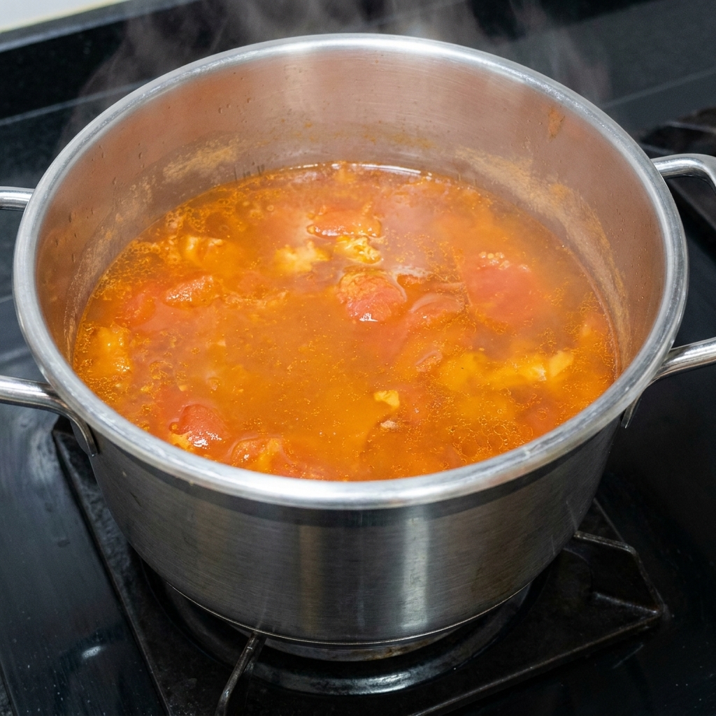 Eine Schöpfkelle rührt die gewürzte Tomaten-Rinderrippchen-Suppe im Schnellkochtopf um.