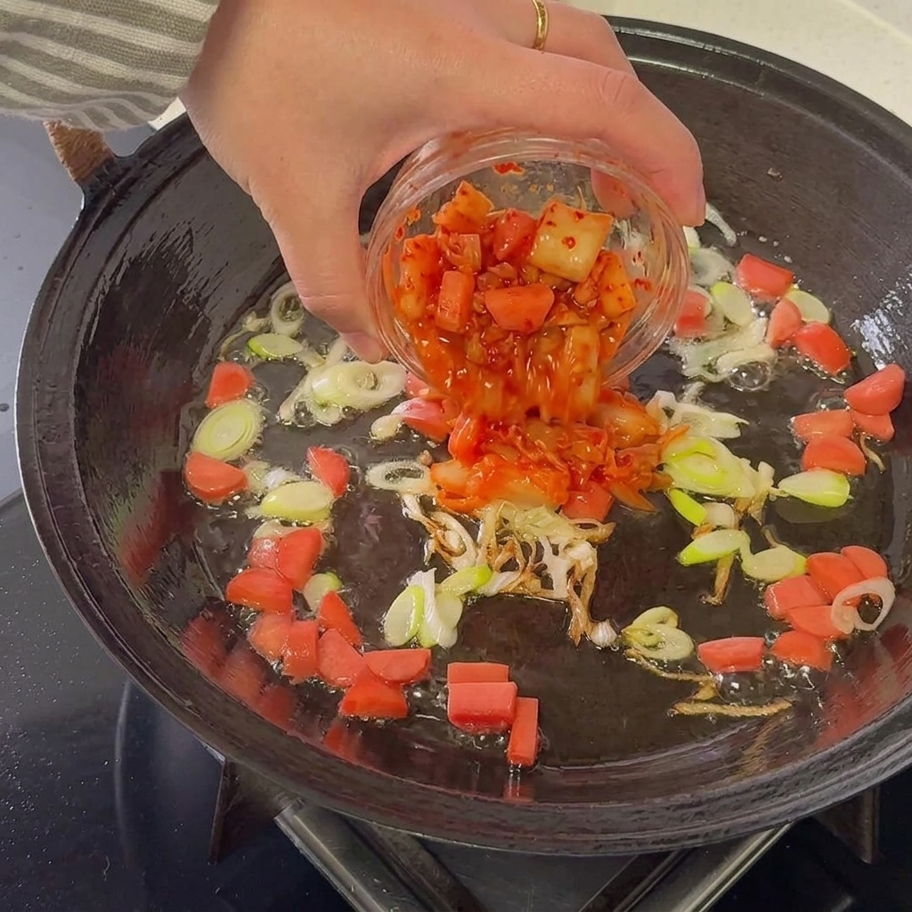 Gehacktes Kimchi wird zu der Wurst und den Zwiebeln in die heiße Pfanne gegeben.