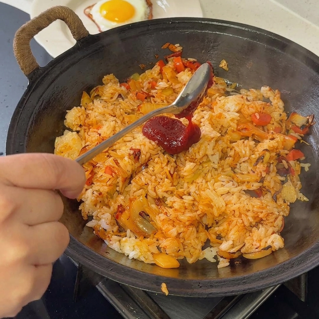 Koreanische Chilipaste wird auf den gebratenen Reis in der Pfanne gegeben.