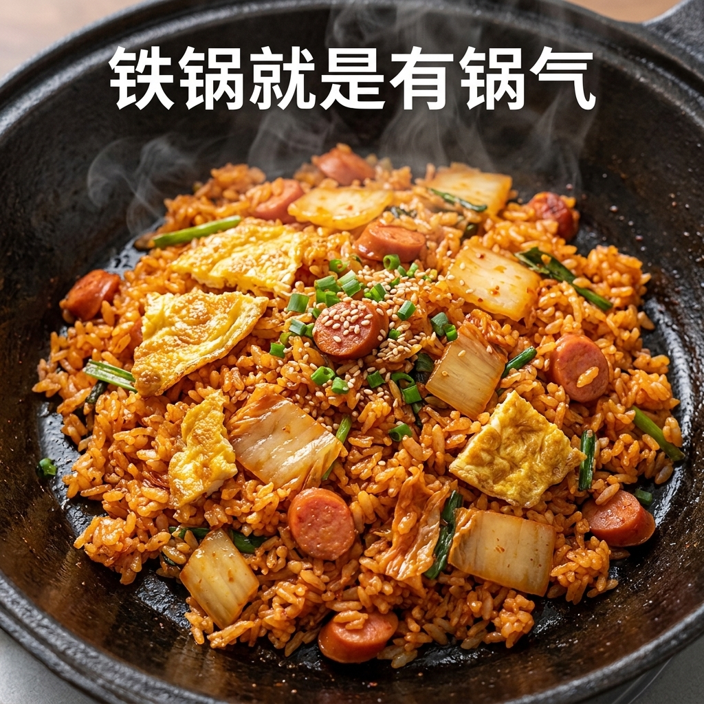 Eine volle Pfanne mit aromatischem Kimchi-Reis wird bei hoher Hitze mit einem Spatel gewendet.