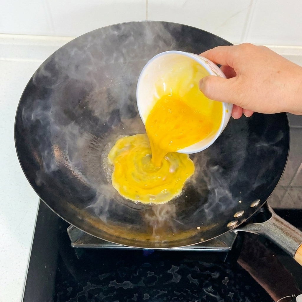 Verquirlte Eier werden aus einer kleinen Schüssel in einen heißen Wok gegossen.