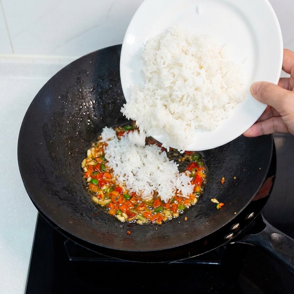 Gekochter weißer Reis wird in den Wok mit den angebratenen Aromen gegeben.