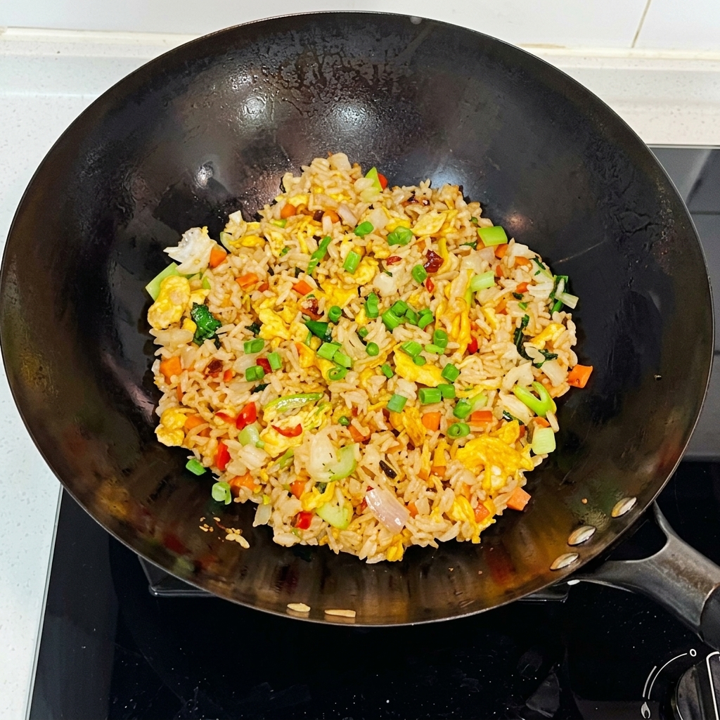 Frühlingszwiebeln werden unter den fertigen Kimchi-Reis im Wok gemischt.
