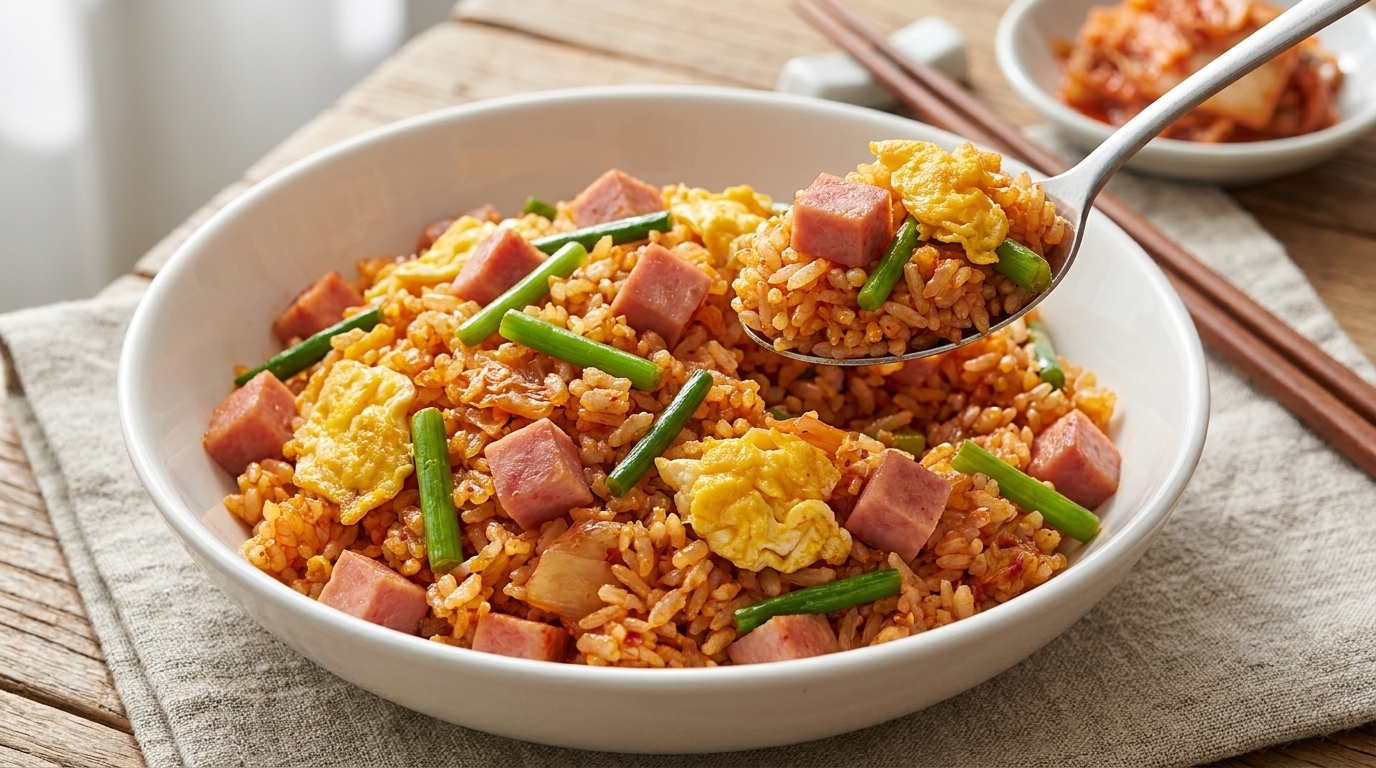 Ultimativer gebratener Kimchi-Reis mit Schinken und Hähnchen