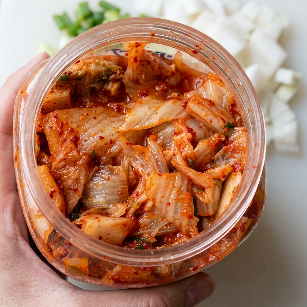 Draufsicht auf die Saucenzutaten wie Kimchi, Gochujang, Sojasauce, Zucker und Mayo in einer weißen Schüssel.