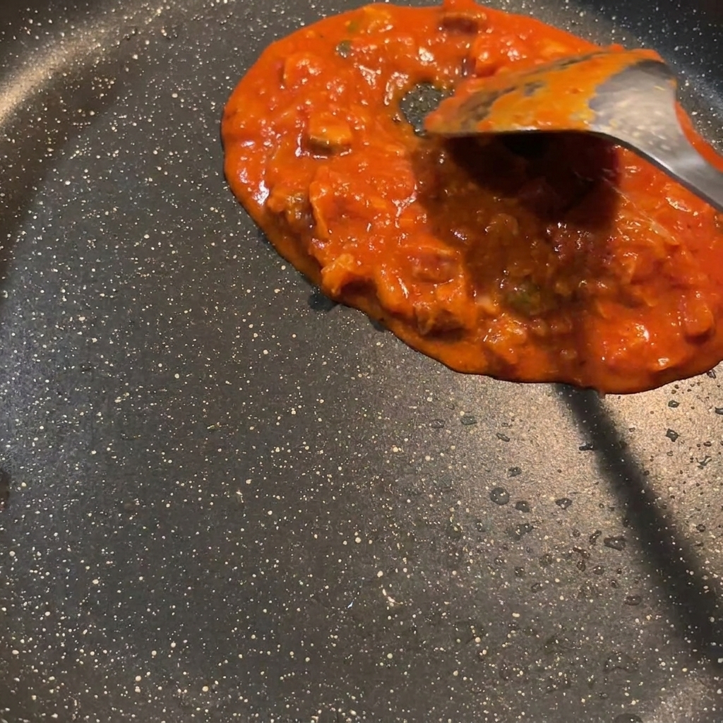 Die rote Sauce schmort in der Pfanne und vermischt sich mit dem Bratfett des Spams.
