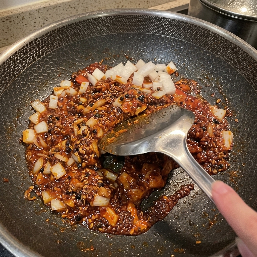 Gebratener Spam, Zwiebeln und die rote Sauce werden in der Pfanne vermengt.