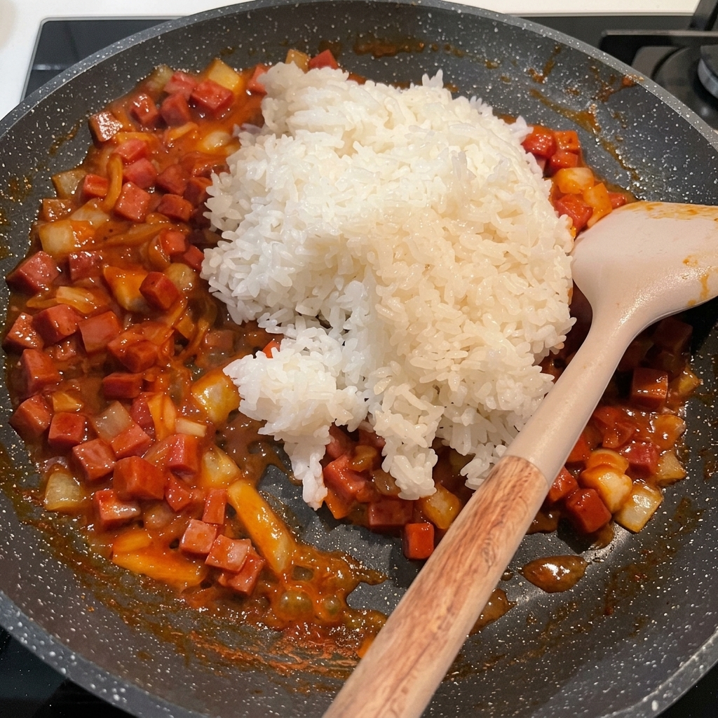 Eine Portion Reis wird in die Pfanne zur Spam-Zwiebel-Mischung gegeben.