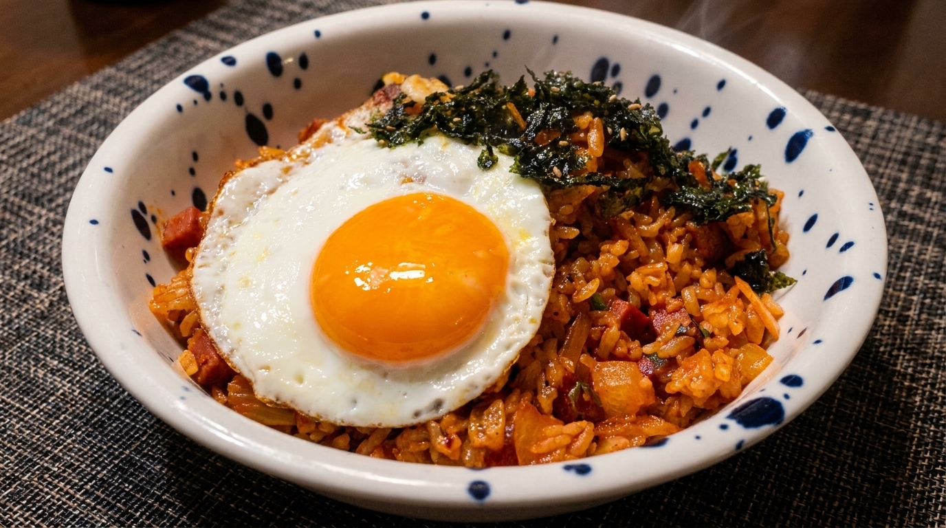 Authentischer Kimchi-Gebratener Reis mit Spam (Kimchi Bokkeumbap)