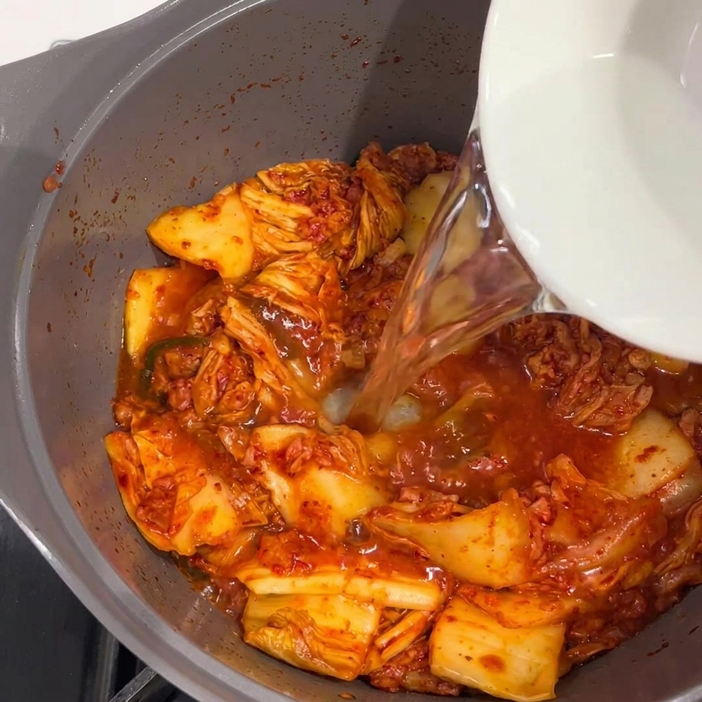Klares Wasser wird in einen Topf gegossen, der eine Mischung aus Spam und Kimchi enthält.