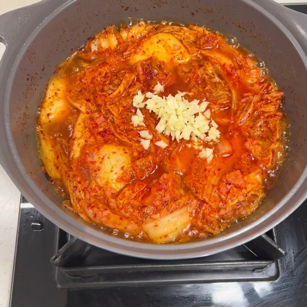 Gehackter Knoblauch wird in den köchelnden Eintopf aus Spam und Kimchi gegeben.