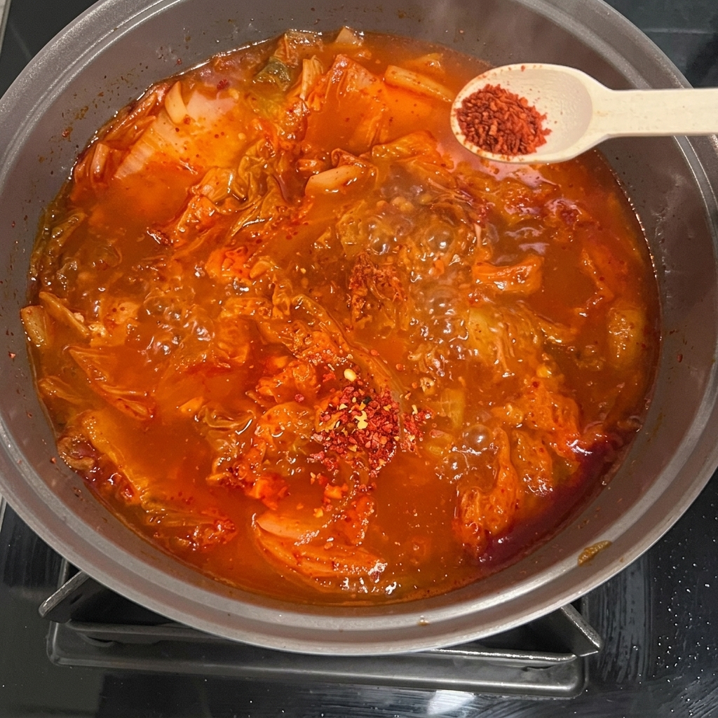 Helle Sojasauce und ein Löffel rotes Chilipulver werden dem Eintopf hinzugefügt.