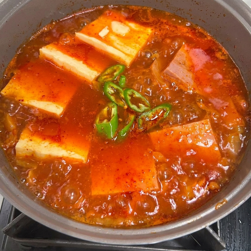 Ein heißer Topf mit Spam-Kimchi-Eintopf, garniert mit frischen Frühlingszwiebeln und leuchtend roten Chilischeiben.