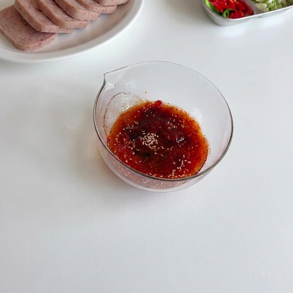 Wasser wird in eine Schüssel mit Gewürzen und Gochujang gegossen.