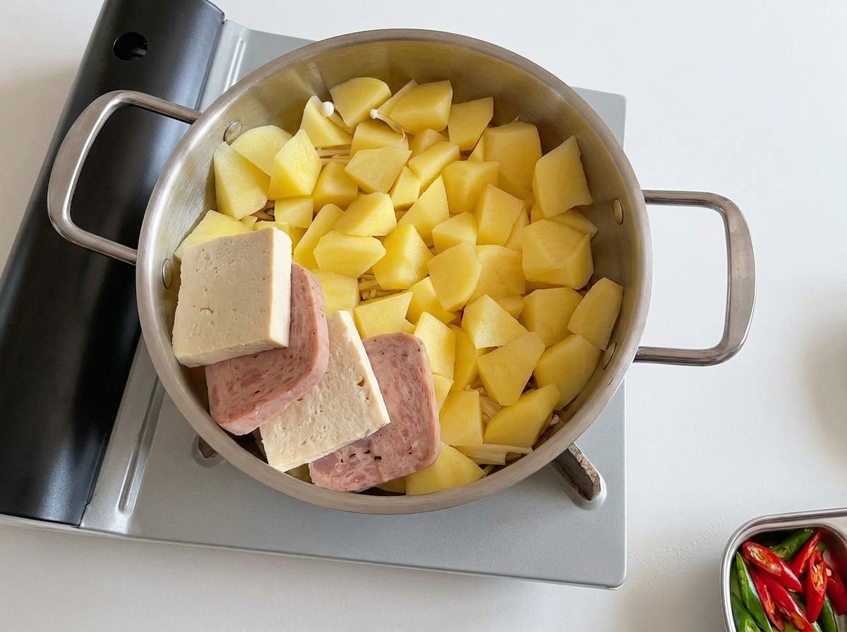 Abwechselnde Kreise aus Tofu und Spam in der Pfanne.