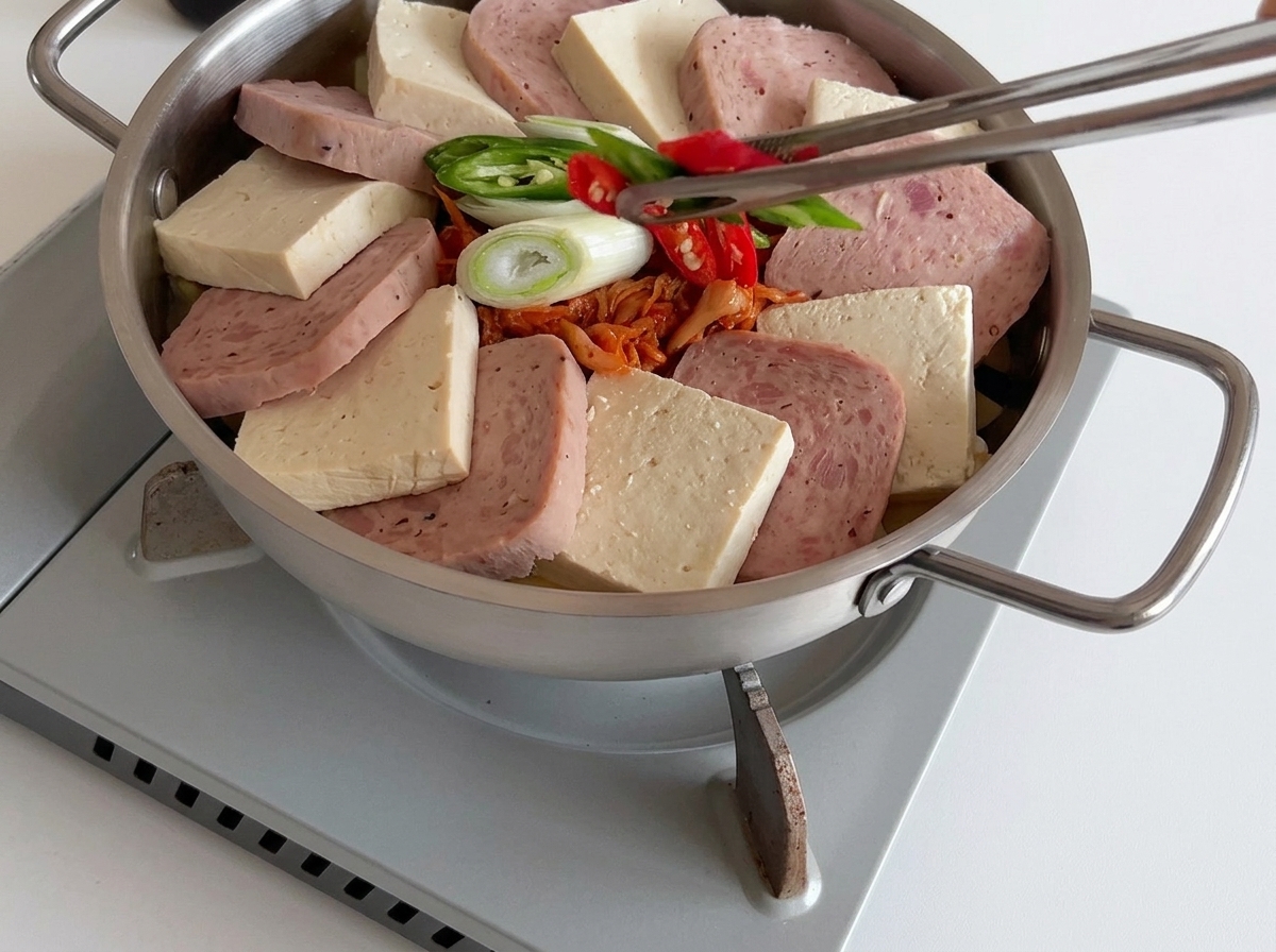 Kimchi, Frühlingszwiebeln und Chilischoten werden in die Mitte des Topfes platziert.