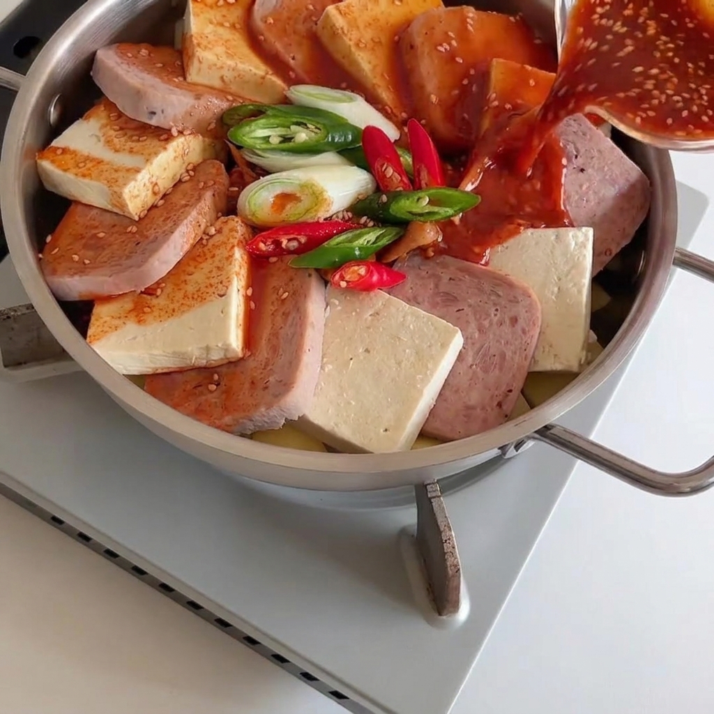 Rote Chilisauce wird über den Pfanneninhalt gegossen.