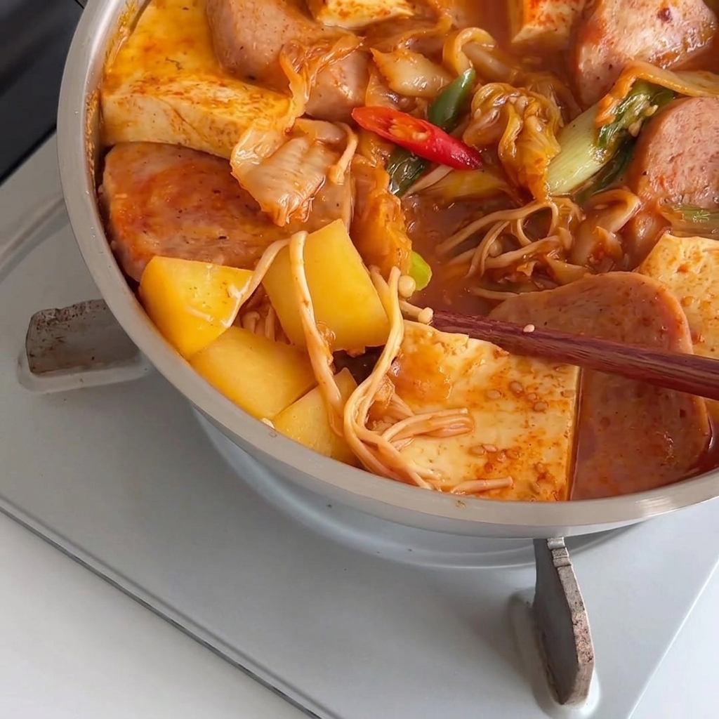 Stäbchen heben gekochte Pilze aus der kochenden roten Suppe.