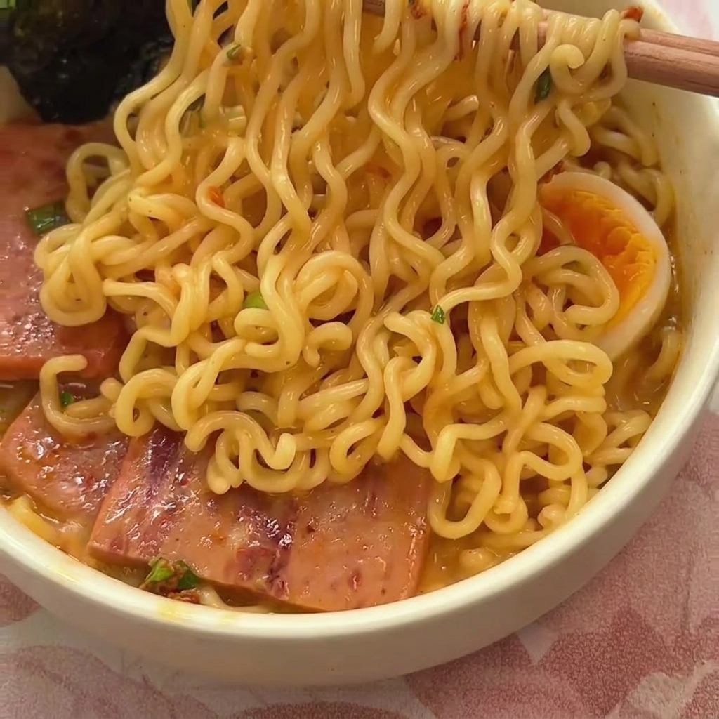 Eine Nahaufnahme einer Schüssel mit gehacktem Knoblauch, Nudel-Würzpulver, einem Klecks Mayonnaise und einem leuchtend rohen Eigelb.