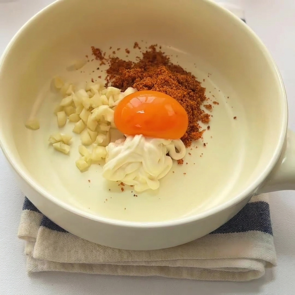 Ein Holzlöffel rührt eine dicke, cremige Sauce in einer weißen Schüssel und vermengt alle Zutaten bis zur Gleichmäßigkeit.