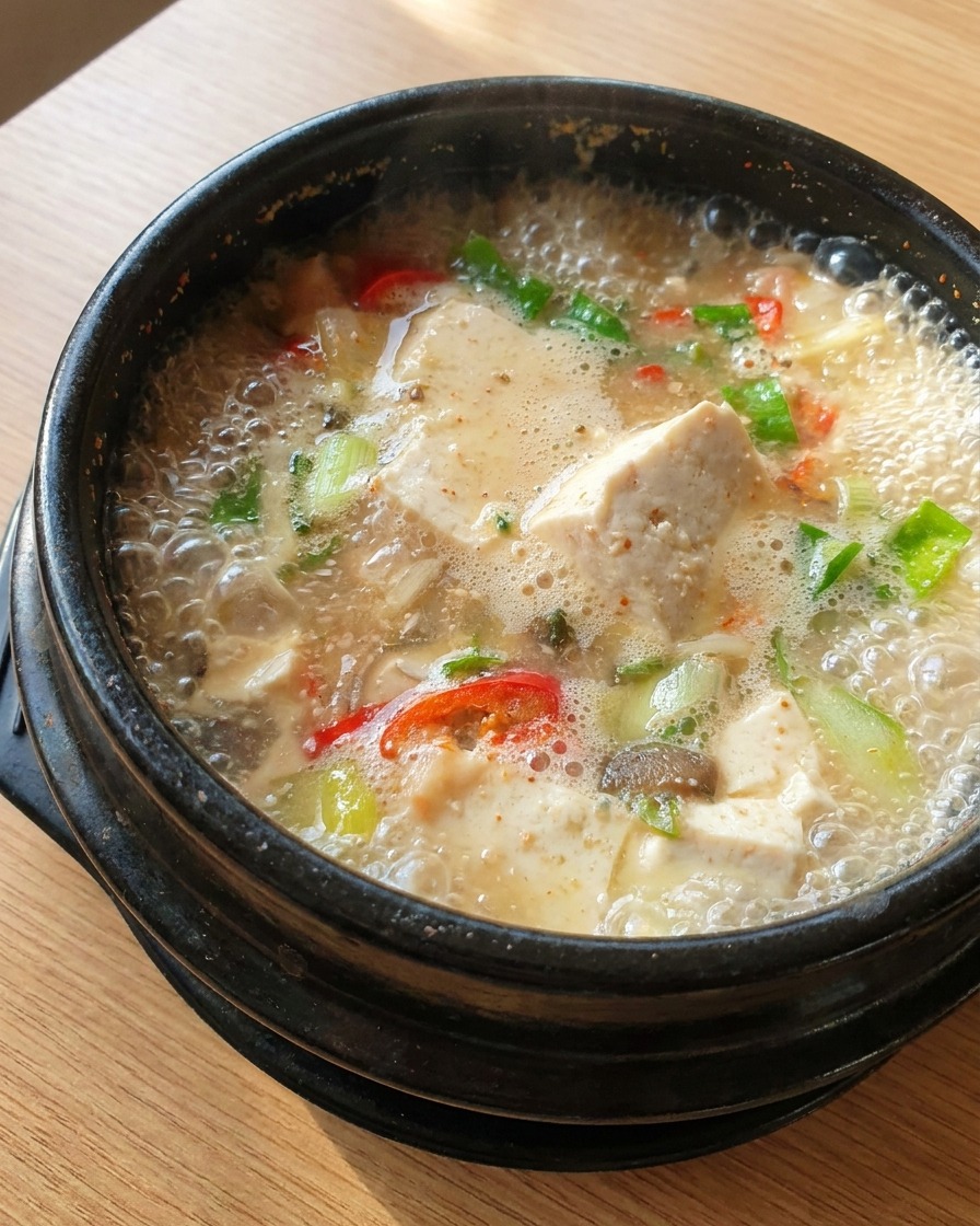 Tofuwürfel und Chilischoten im sprudelnden Eintopf.