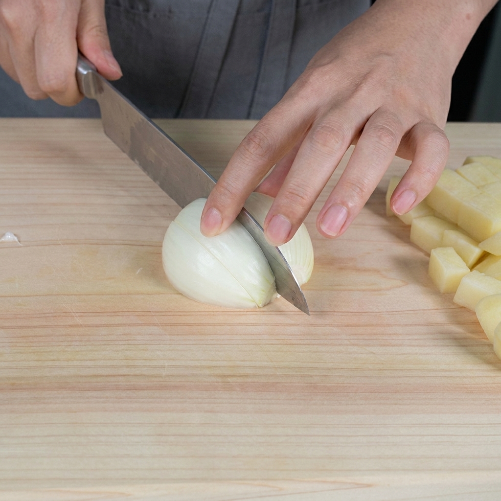 Hände hacken eine rohe weiße Zwiebel auf einem hellen Holzschneidebrett in kleine Stücke.