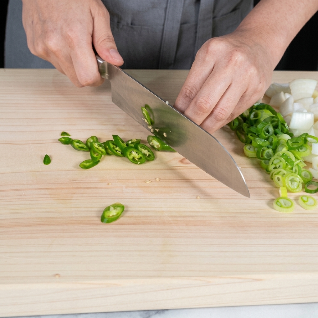Eine Hand schneidet eine frische grüne Chilischote mit einem Messer diagonal auf einem Holzschneidebrett.