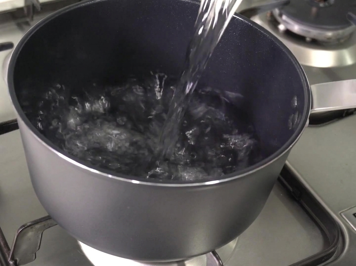 Klares Wasser wird in einen leeren dunkelgrauen Topf gegossen, der auf einer Herdplatte steht.