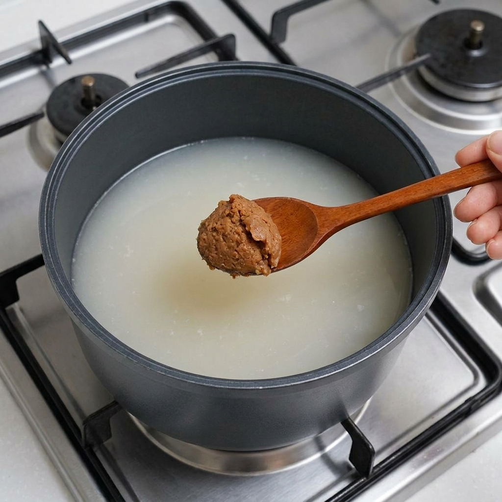 Ein Holzlöffel mit einem großzügigen Klecks brauner Sojabohnenpaste wird in die Brühe getaucht.