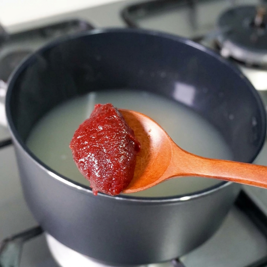 Ein Löffel dicker roter Chilipaste wird in den Topf mit der Brühe gegeben.