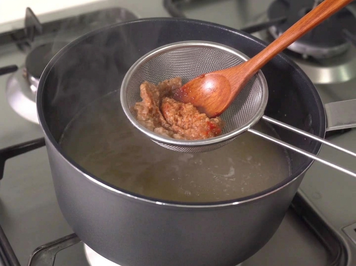 Ein Holzlöffel und ein Sieb werden verwendet, um die Pasten in der heißen Brühe zu verrühren und aufzulösen.