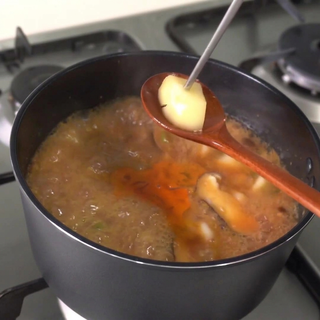 Ein Holzlöffel hebt ein Stück gekochte Kartoffel aus dem kochenden Eintopf, um den Gargrad zu überprüfen.