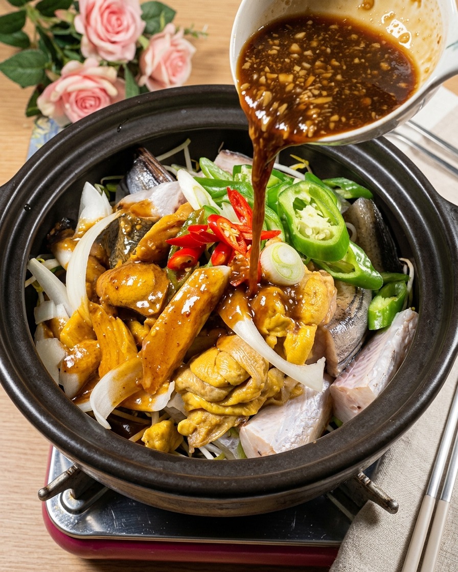 Würzpaste wird aus einer weißen Schale in den Tontopf mit Fisch und Gemüse gegossen.