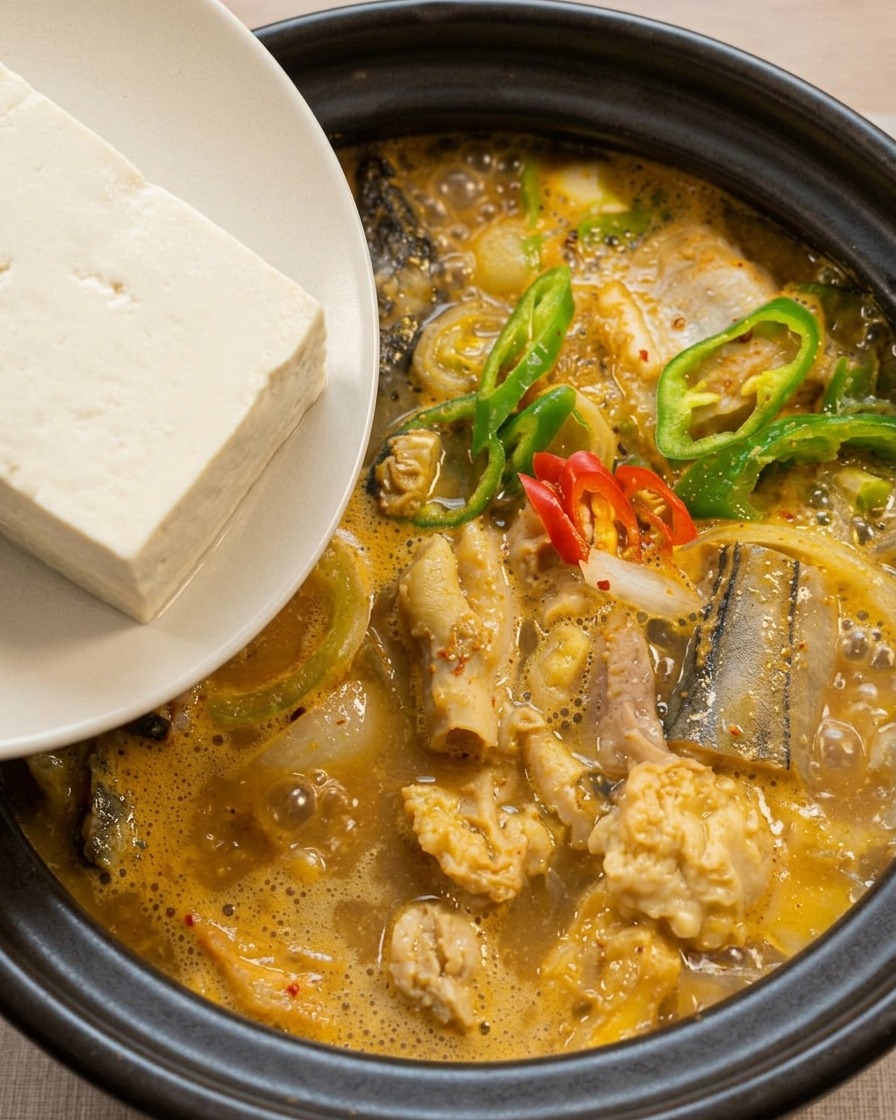 Eine Hand legt ein dickes Stück weißen Tofu in eine brodelnde, rötliche Fischsuppe im Tontopf.