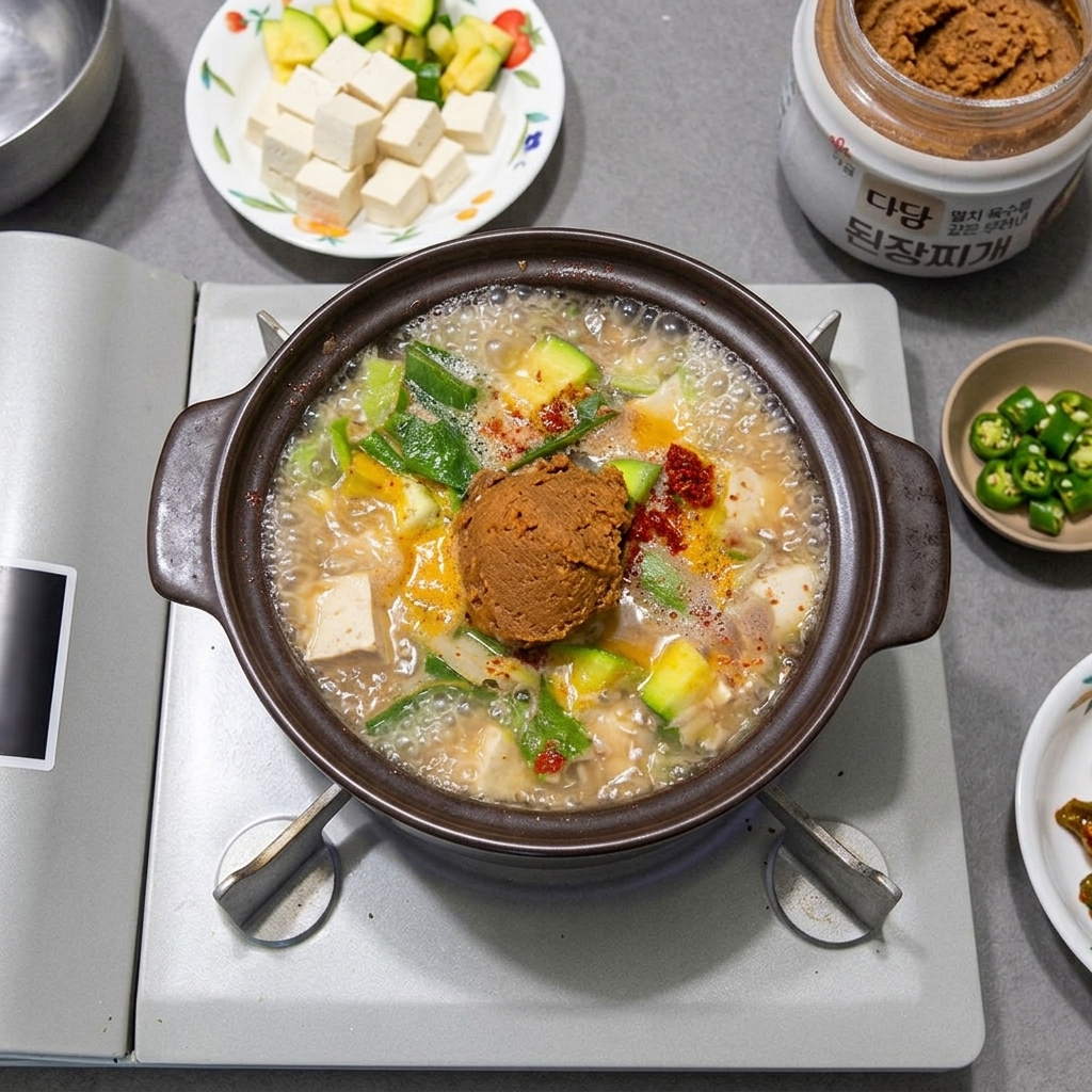 Ein großer Holzlöffel mit brauner koreanischer Sojabohnenpaste wird in den kochenden Eintopf getaucht.