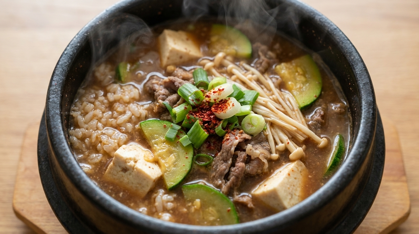 Korean Doenjang-jjigae mit Reis (Doenjang-jjigae Bap)