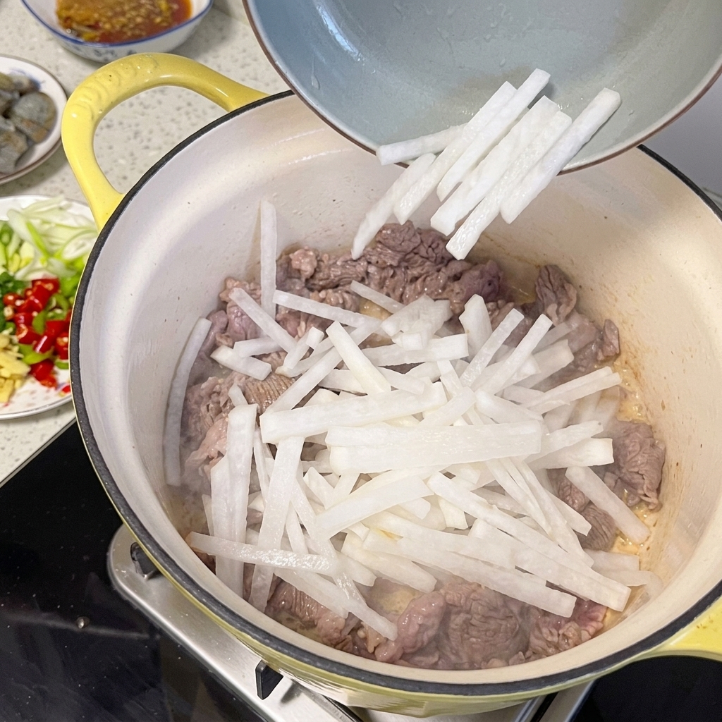 Rettichstreifen werden im Topf mit dem gebratenen Rindfleisch vermengt.