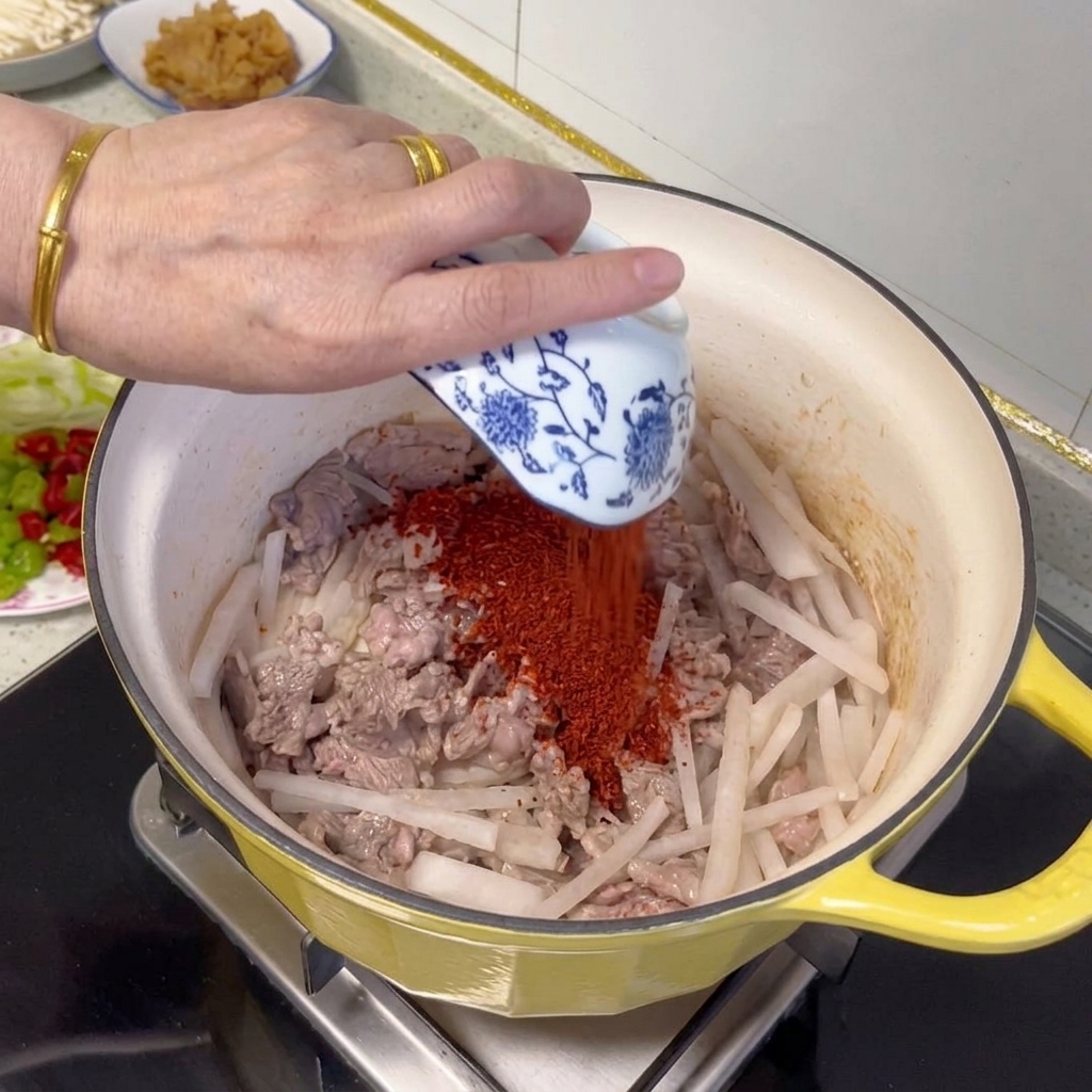 Rotes Paprikapulver wird in die Rindfleisch-Rettich-Mischung eingerührt.