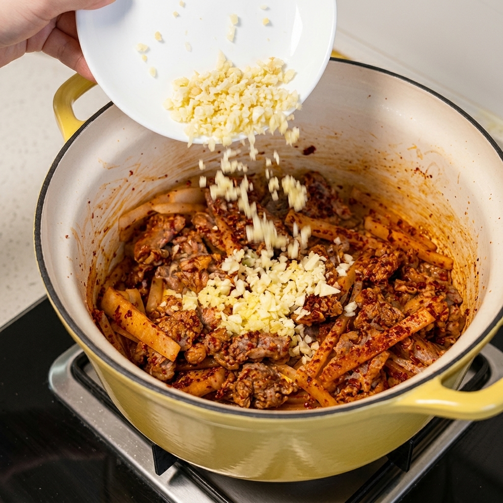 Gehackter Knoblauch und Ingwer werden unter die bratenden Zutaten gemischt.