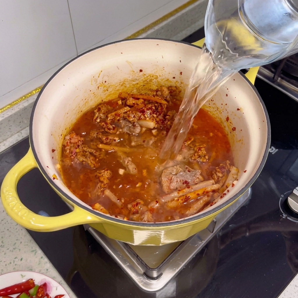 Wasser wird in einen gelben Topf gegossen, der angebratenes Rindfleisch und Gewürze enthält.