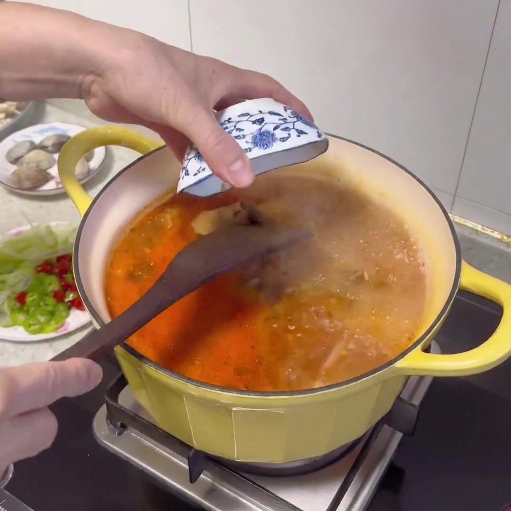 Ein Holzlöffel gibt einen Klecks koreanische Sojabohnenpaste in die blubbernde Brühe.
