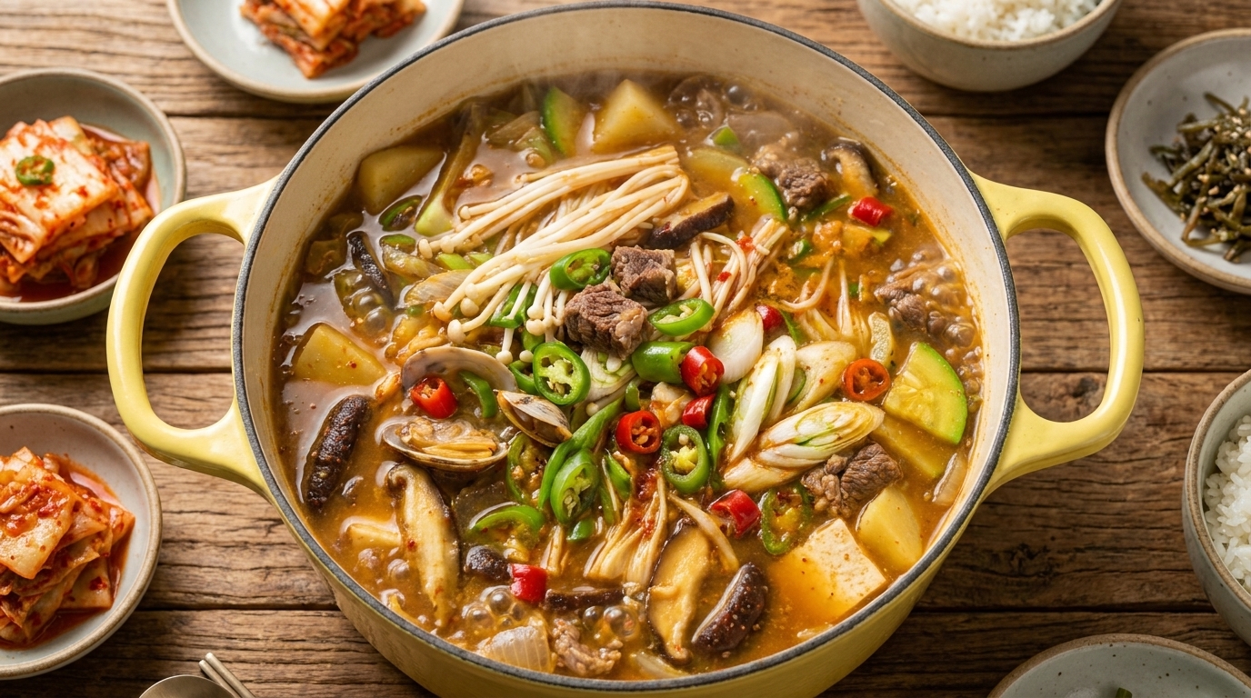 Herzhafter Rindfleisch-Sojapasten-Eintopf (Doenjang-Jjigae)