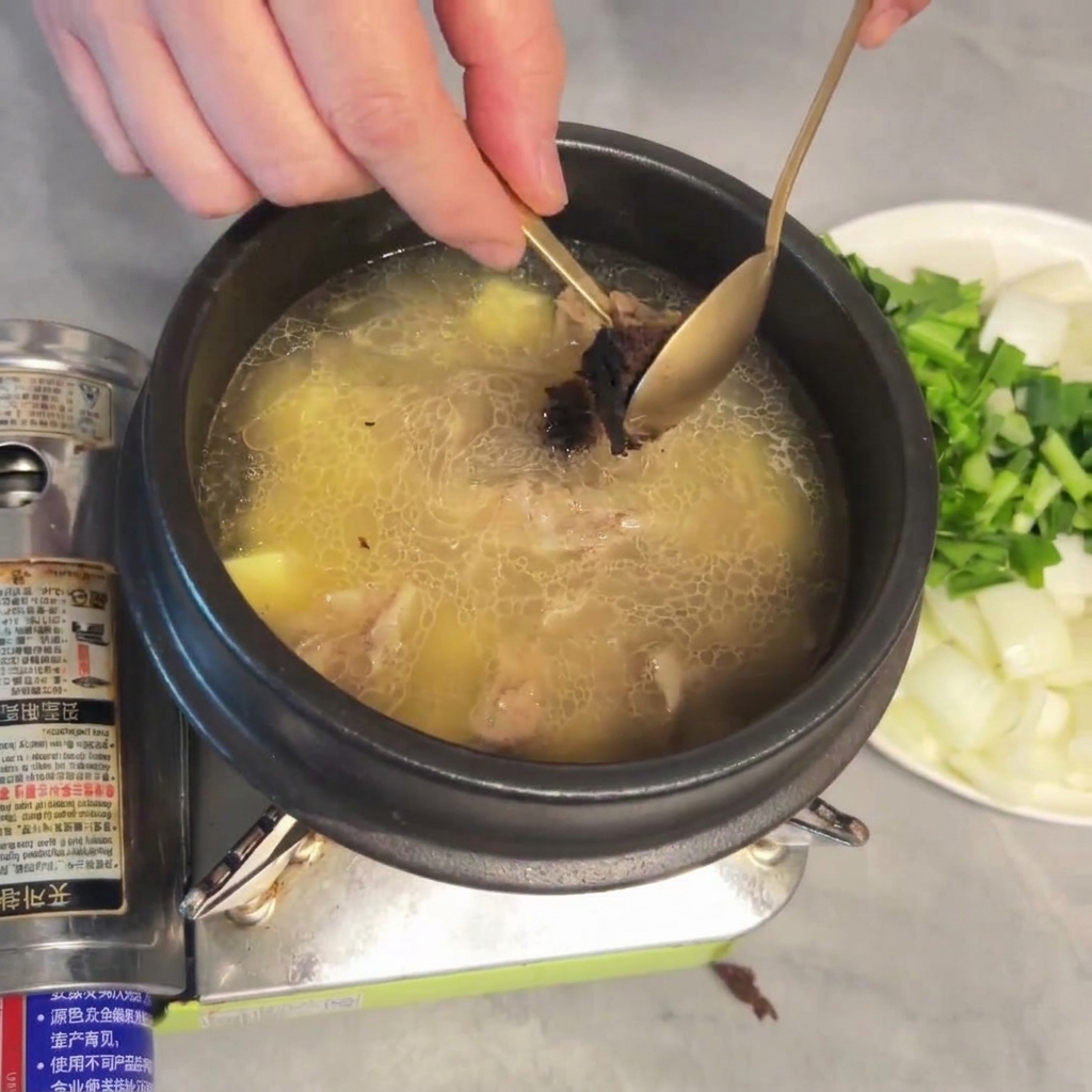 Ein Löffel dicke Sojabohnenpaste wird in die Suppe eingerührt.