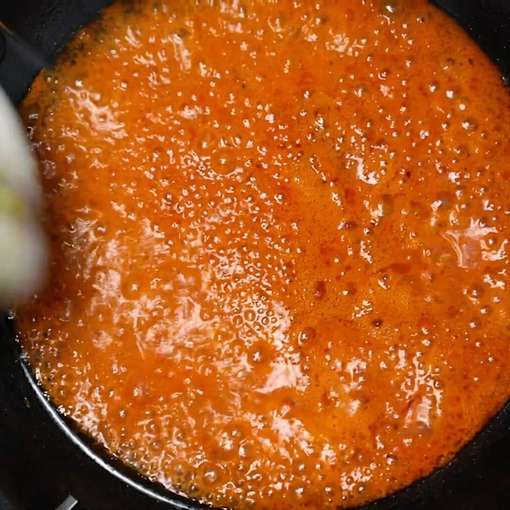 Zucchinischeiben werden in einen Topf mit blubberndem rotem Eintopf gegeben.