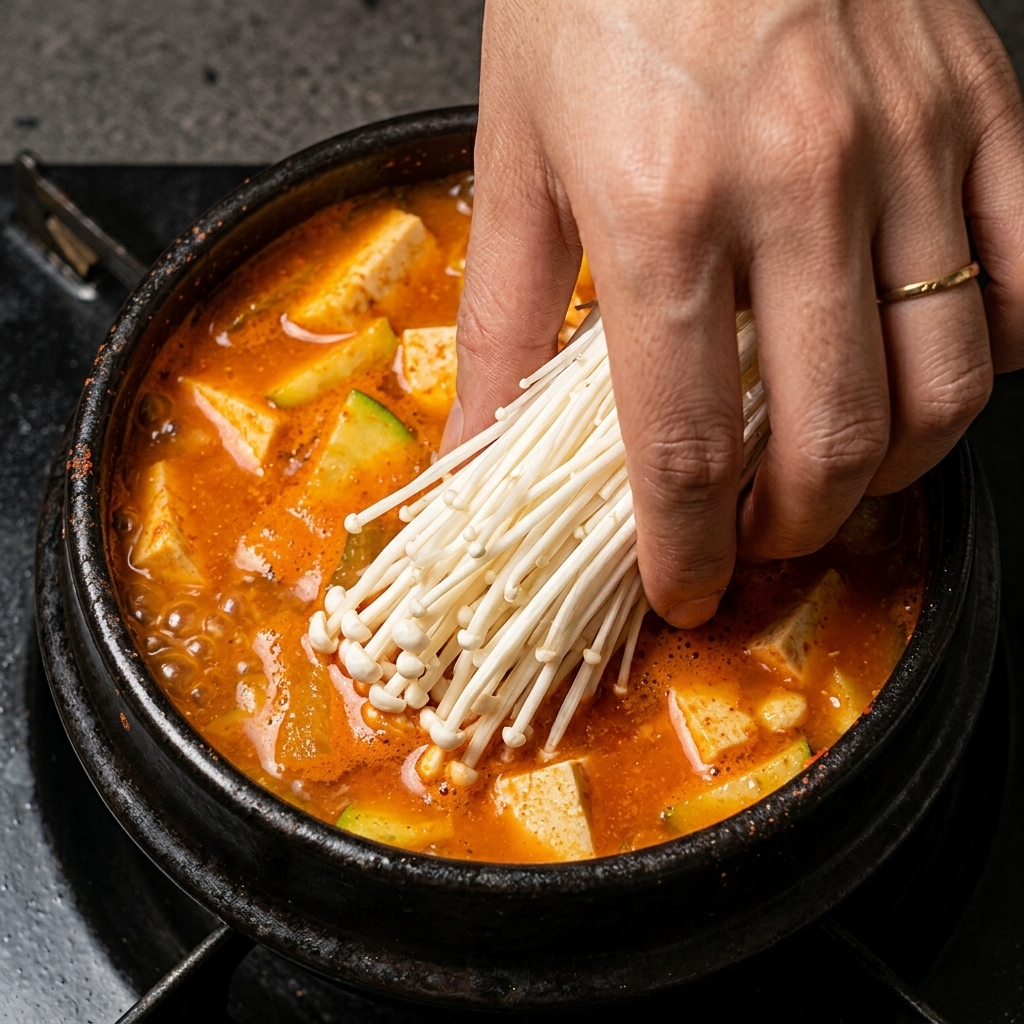 Frische Enoki-Pilze werden auf der Oberfläche des köchelnden Bohnenpasteneintopfs arrangiert.