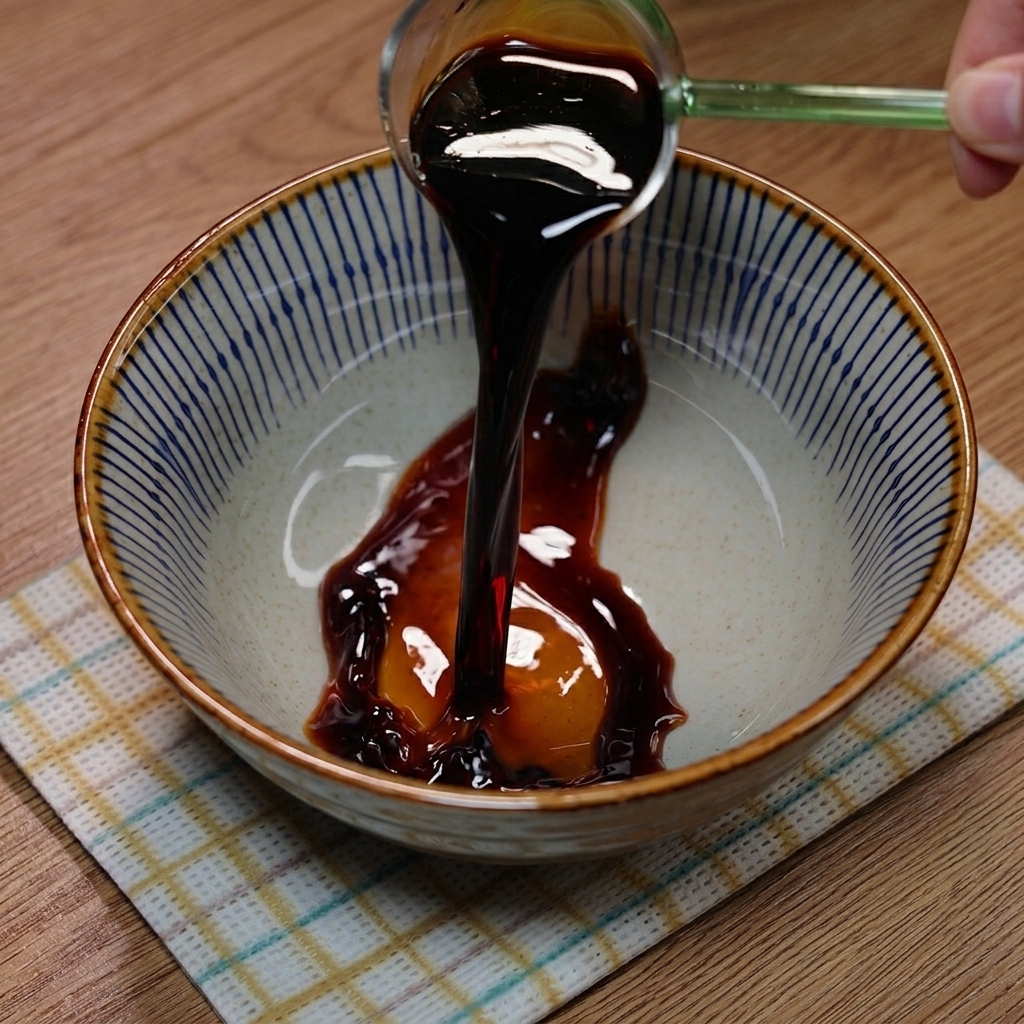 Eine kleine Schale mit Sojasauce, Austernsauce, Chilipulver, Sesamsamen und Zucker.