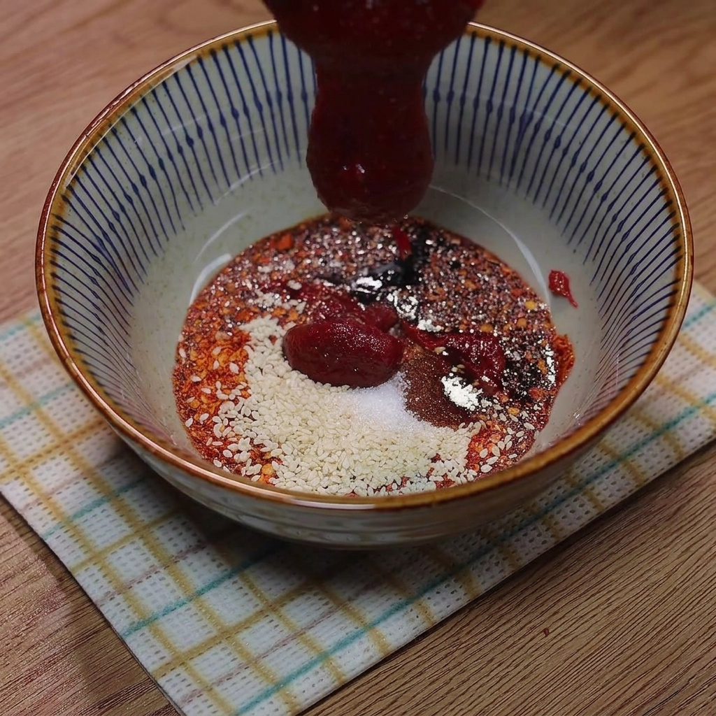 Koreanische Chilipaste wird mit Wasser in die Saucenmischung eingerührt.