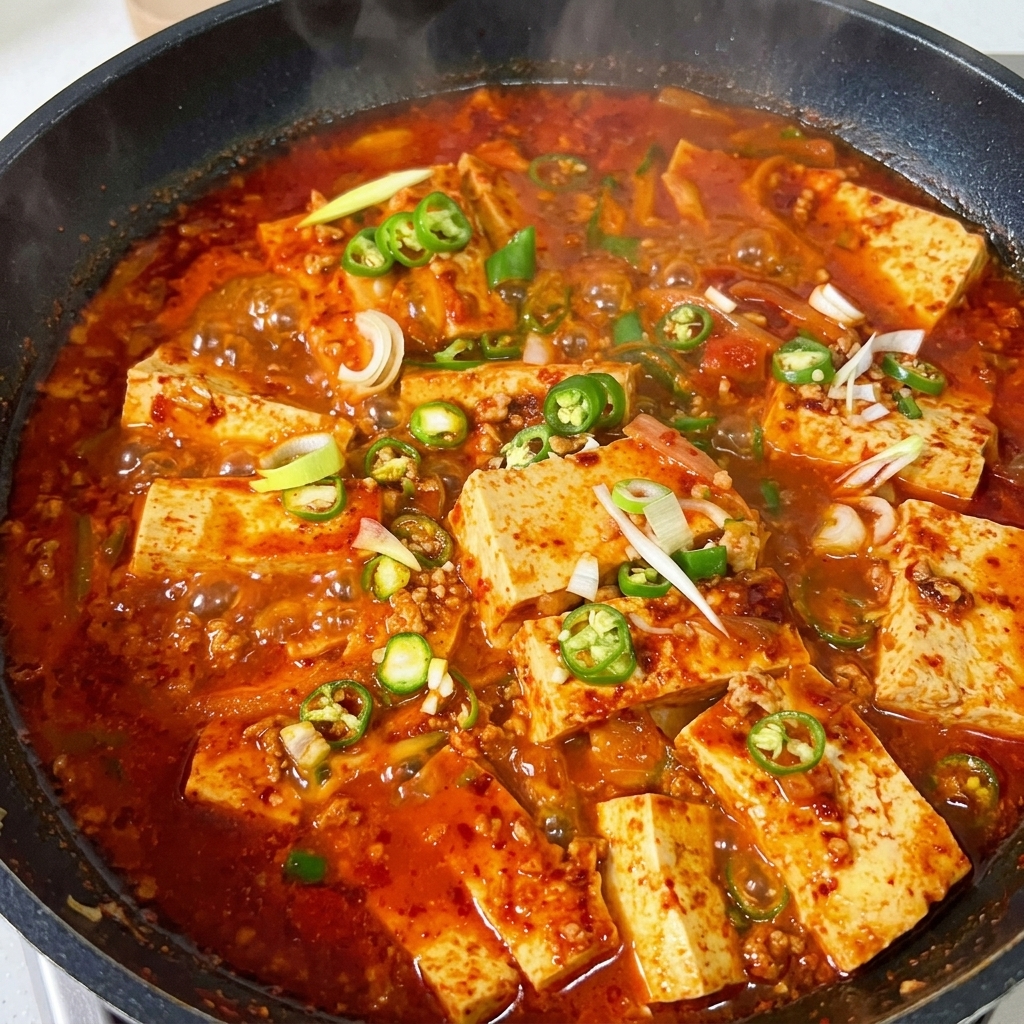 Ein Messbecher mit verschiedenen Gewürzen wie Gochujang, Chilipulver und Saucen, bereit zum Vermischen.