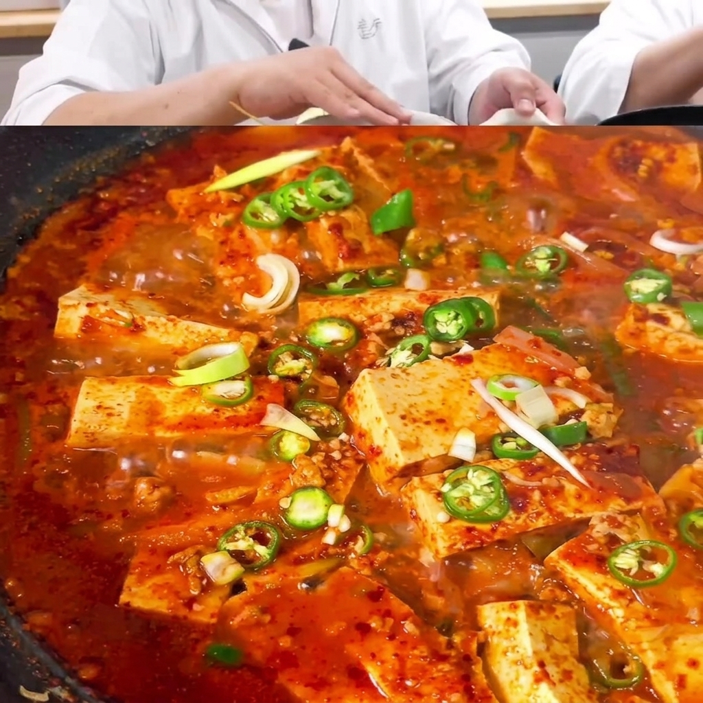 Nahaufnahme eines Löffels, der die dicke rote Sauce in einem Messbecher rührt.